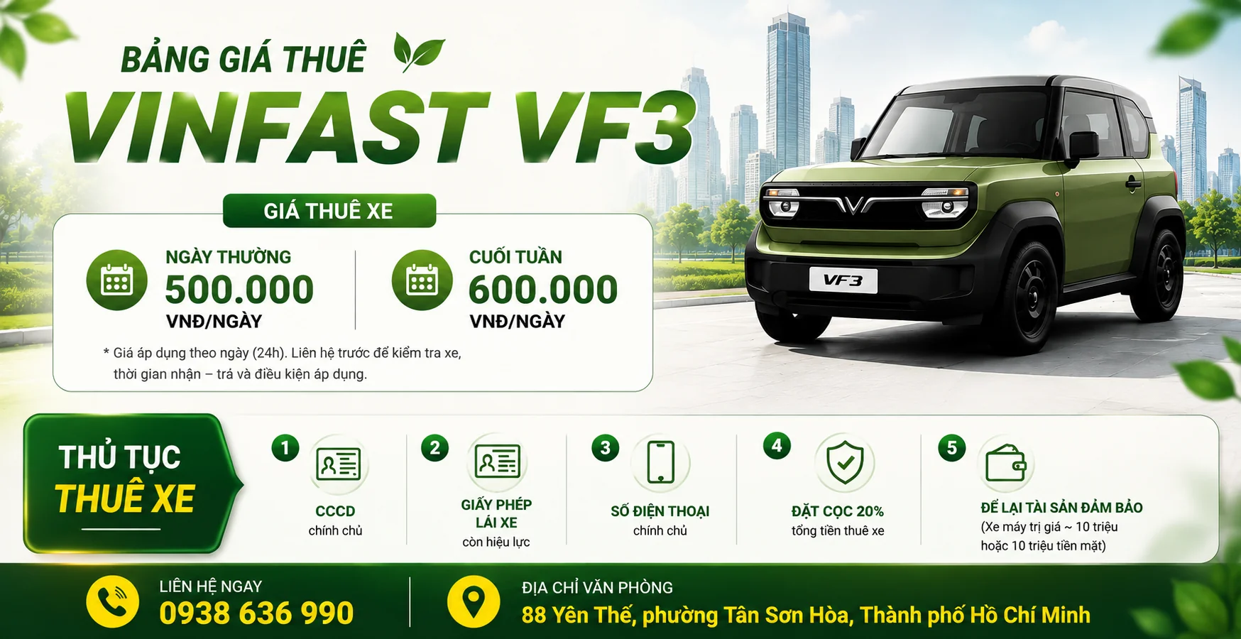 Gi&aacute; thu&ecirc; xe VF3 tự l&aacute;i tại TP.HCM chỉ từ 500.000đ/ng&agrave;y.