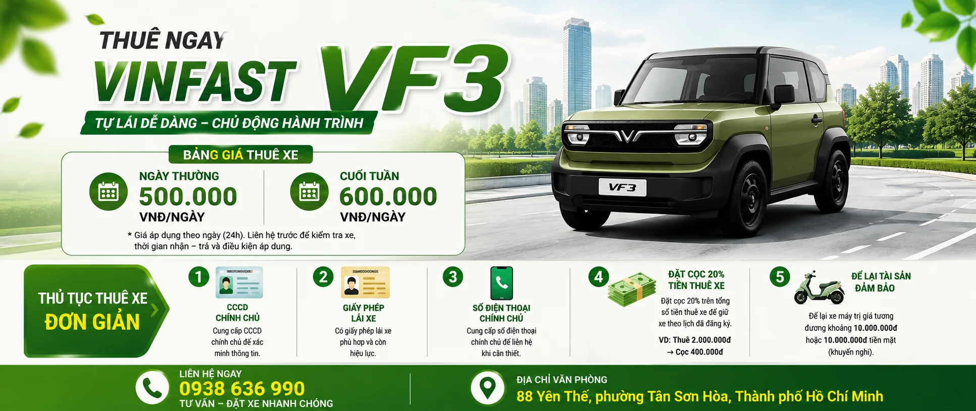 Bảng gi&aacute; thu&ecirc; xe điện tự l&aacute;i VF3 HCM