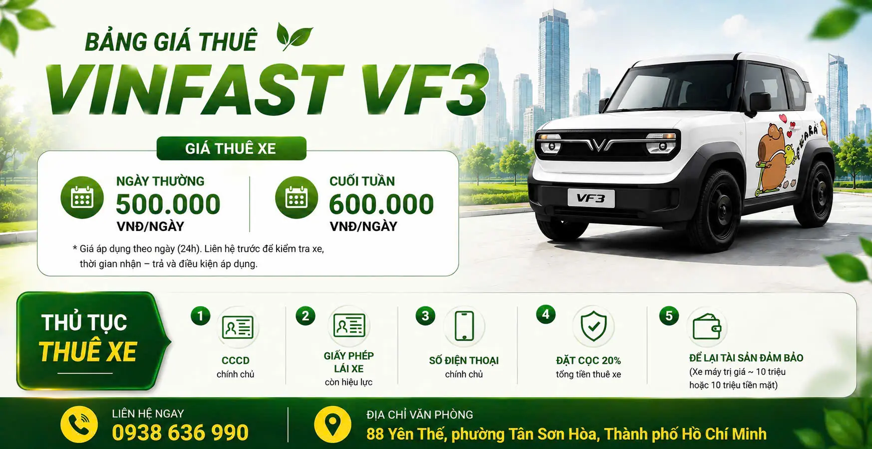 Bảng gi&aacute; thu&ecirc; xe điện tự l&aacute;i VF3 HCM